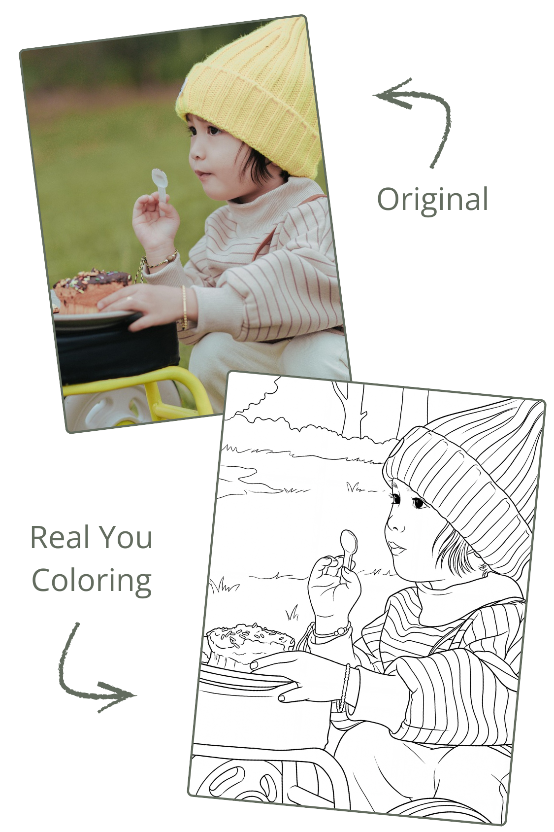 Custom coloring page created from family photo showing realistic facial likeness